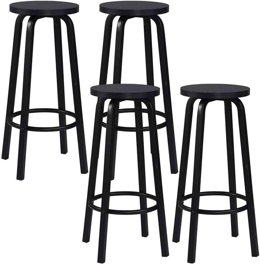 Warraich -Set van 4 Zwarte Barkrukken: Robuuste Bistro- en Tegenkrukken met Comfortabele Ronde MDF Zitting en Stabiel Metalen Frame