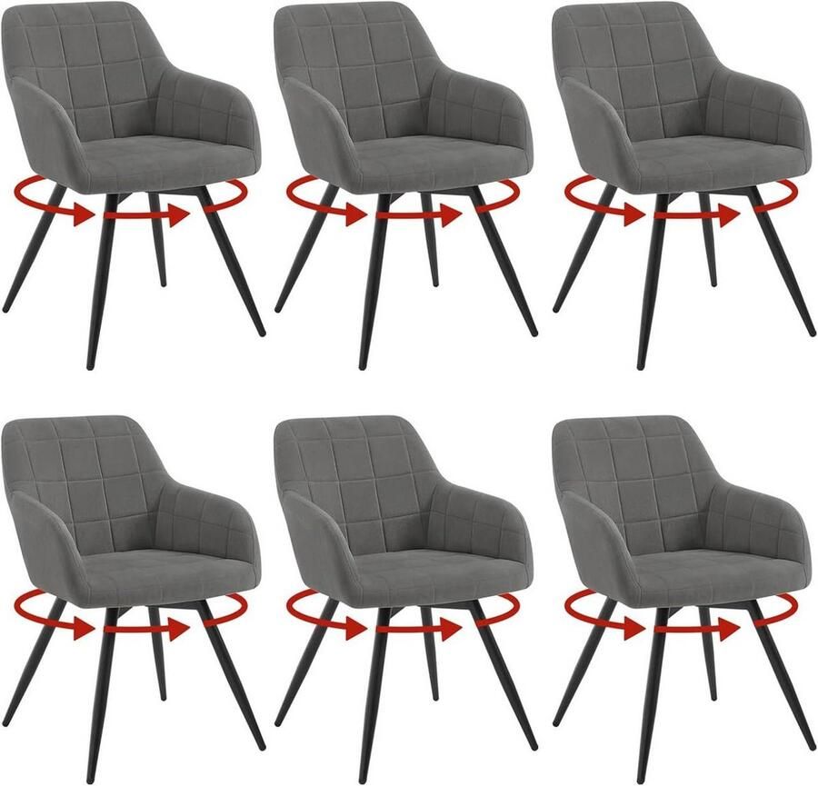 Warraich Set van 6 Draaibare Eetkamerstoelen – Donkergrijs Fluweel met Ergonomisch Design en Metalen Poten