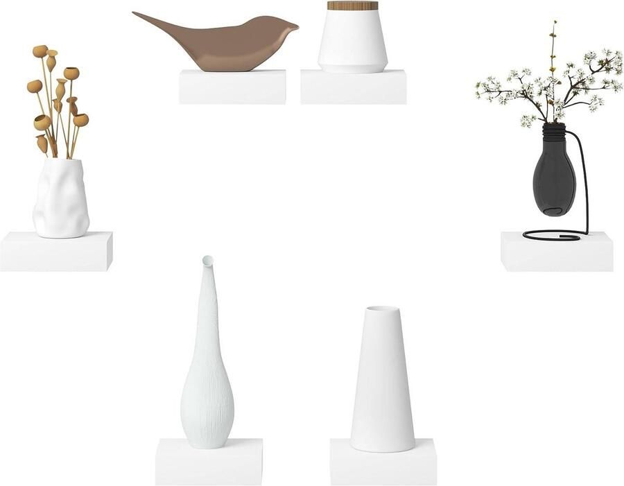 Warraich -Set van 6 Wandplanken – Zwevende Planken van MDF – Hoogglans Afwerking – Wanddecoratie-Wit