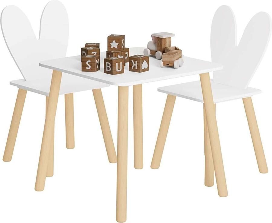 Warraich -Set van kindertafel en 2 stoelen met massief houten poten en schattige konijnenoor-rugleuningen wit
