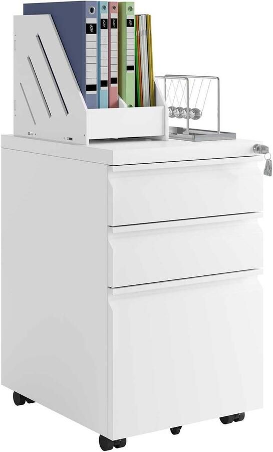 Warraich -Verrijdbare Archiefkast – 3 Laden 39×62×48 cm Ideaal voor Onder Bureau-Wit