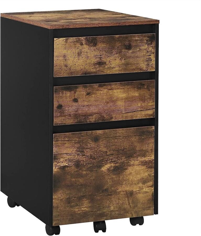 Suredeal Mobiele Ladenkast 3 Lades + Tray 40x70x40 cm E1 Hout Donker Eiken Zwart Industrieel -Praktisch