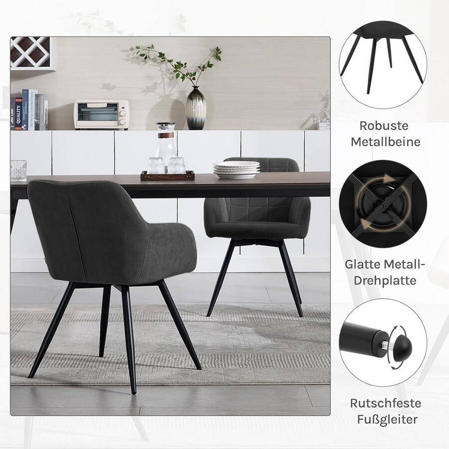 Warraich Waraich Set van 2 Draaibare Ergonomische Eetkamerstoelen – Zwart Fluweel met Metalen Poten
