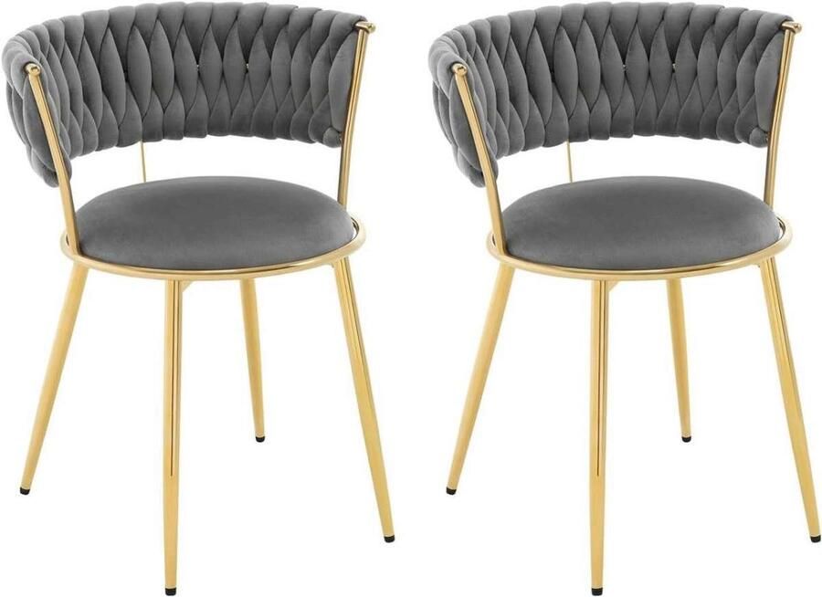 Warraich Warraiich 2x Eetkamerstoelen – Donkergrijs Fluweel met Geweven Rugleuning en Stevig Metalen Onderstel