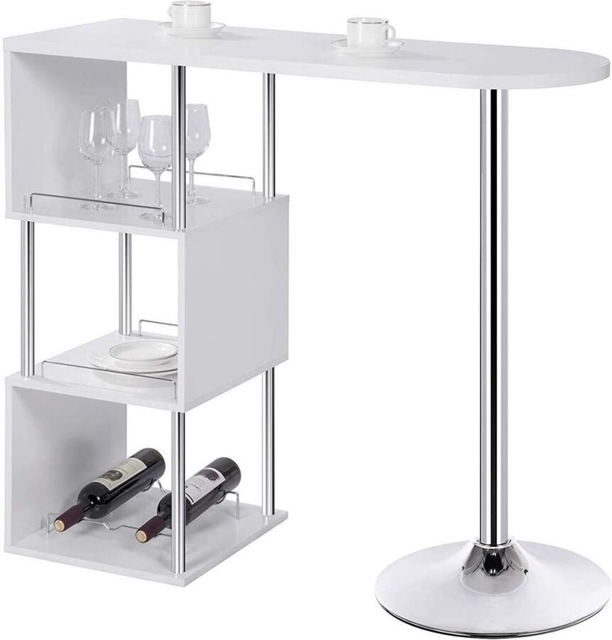 Warraich -Witte Bartafel Bistrotafel: Stijlvolle Keukentafel met Geïntegreerde Wijnrekken en 3 Praktische Planken Uitgevoerd in Metaal en MDF