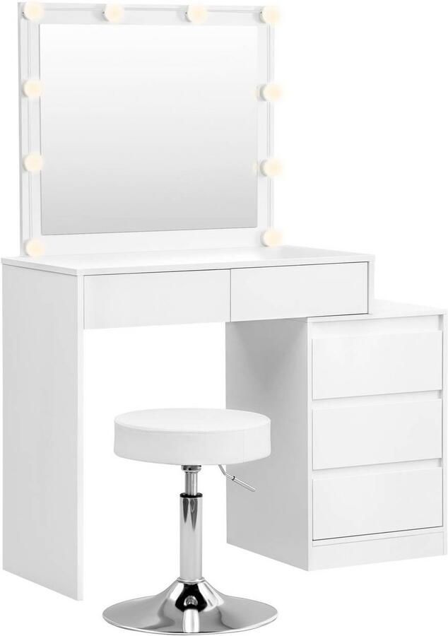 Warraich -Witte make-up tafel met spiegel LED-verlichting krukje en 5 opberglades