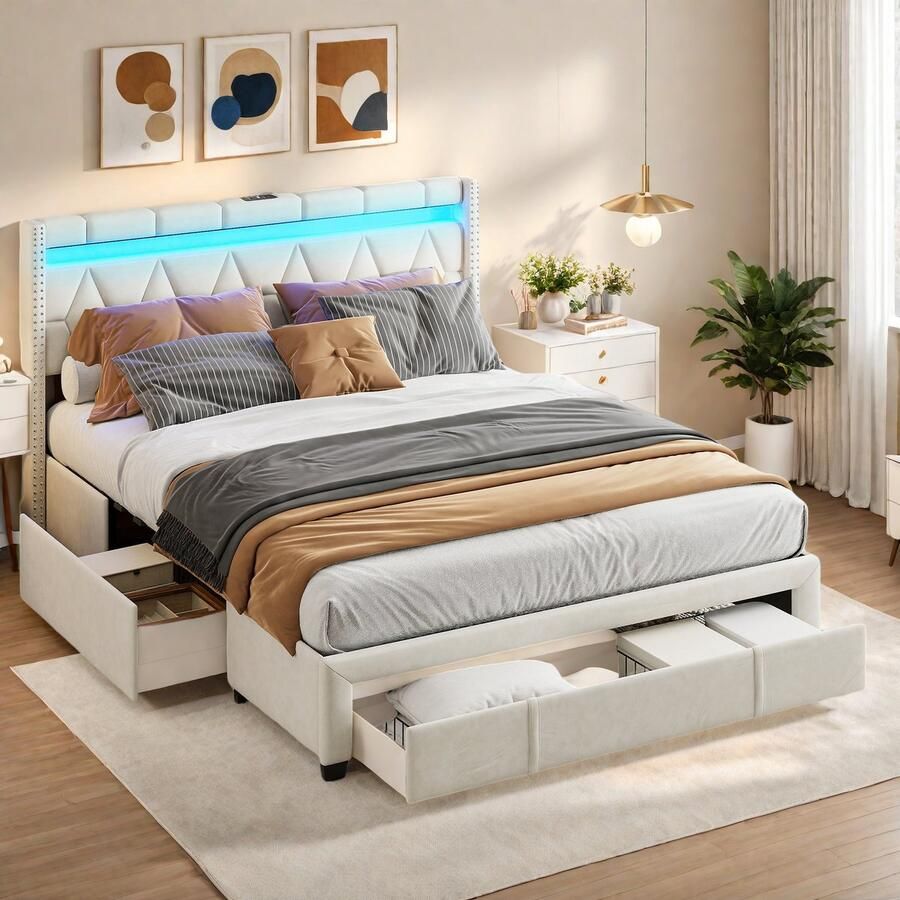 SHOPENTRA Modern 140x200 cm tweepersoons polsterbed in beige linnen met geïntegreerde LED-verlichting en USB 4 metalen laden