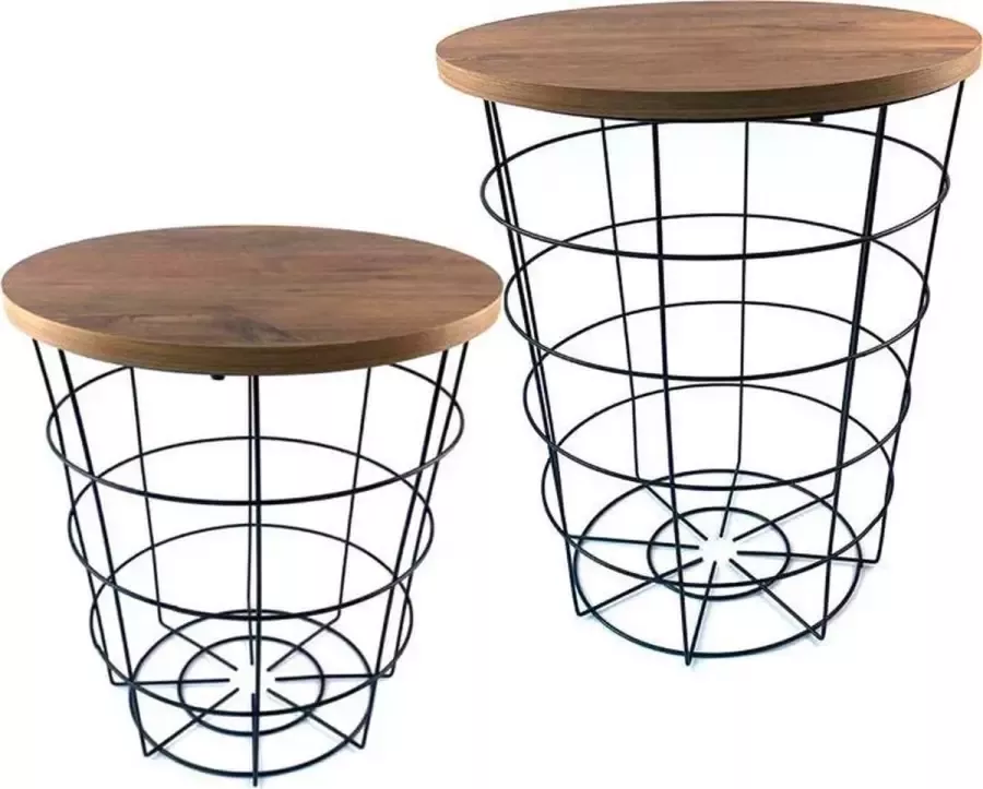 WDMT Bijzettafel - en draadmand met deksel van ™ Set van 2 stuks Multifunctioneel Hout en metaal Trendy mand voor het opbergen van plaids en als koffie bijzettafel Zwart