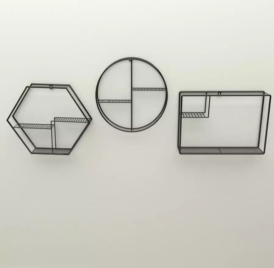 WDMT Geometrische Wandrekken Set van 3 Industriële Muurdecoratie Metalen Wandrek Set Stijlvolle Wandopbergers Ronde vierkante zeshoekige wandrekken Eenvoudig te bevestigen Wandrekken Moderne Huisdecoratie Mat Zwart