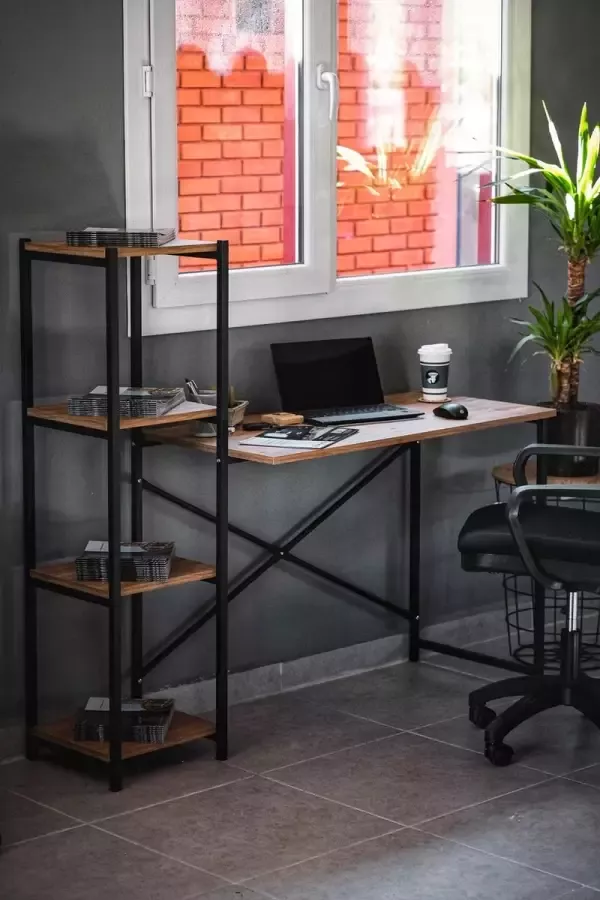 WDMT Home and office bureautafel van ™ 136 x 50 x 126 cm Bureautafel Laptop tafel Industrieel bureau Hout Metaal Bruin Zwart