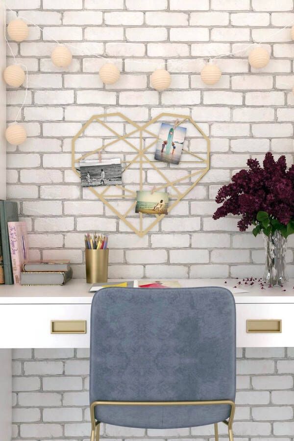 WDMT Metalen wandrek voor foto s Hart 55 x 45 cm Foto Rek in Hart vorm Wanddisplay Muurrek Industrieel kaartenrek valentijn cadeautje voor hem en haar Opbergrek aan de Muur Goud