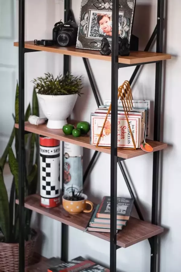 WDMT Opbergkast met 5 houten lagen van ™ 72 x 25 x 170 cm Opbergkast Stijlvolle boekenkast 5-lagen houten planken met metalen frame Bruin Zwart