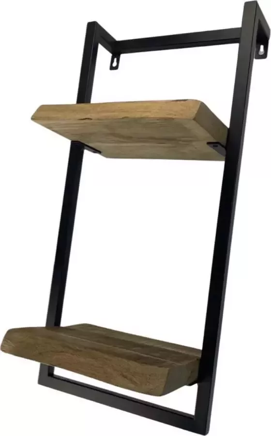 WDMT Wandrek Zwevend wandrek hout metaal 2-laags van ™ 30 x 25 x 65 cm Industriële wand decoratie vervaardigd uit hout en metaal Bruin