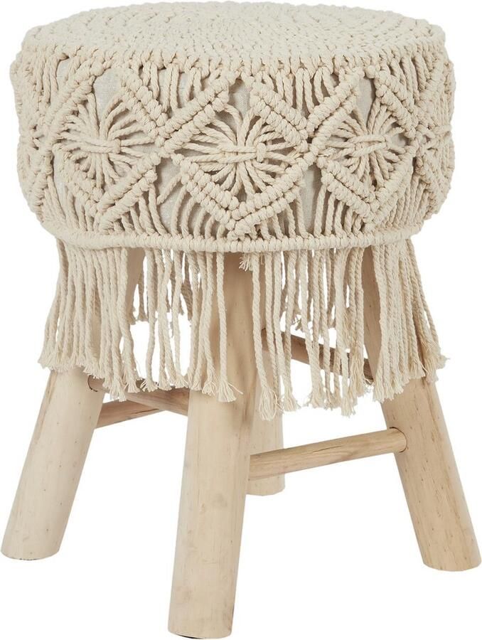 WDMT Bohemian Houten Kruk met Handgemaakt Macramé – Ø32 x 42 cm – Boho Bijzetkrukje Zitkruk Poef van Natuurlijke Materialen – Decoratief Krukje voor Woonkamer Hal of Slaapkamer – Bruin