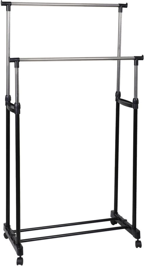 WDMT Dubbel Verstelbaar Kledingrek op Wieltjes – 2 Stangen – Metaal & Kunststof – 80x42x(100-170) cm – Mobiel Kledingrek voor Extra Opbergruimte – Ideaal voor Slaapkamer Hal of Winkel – Zwart