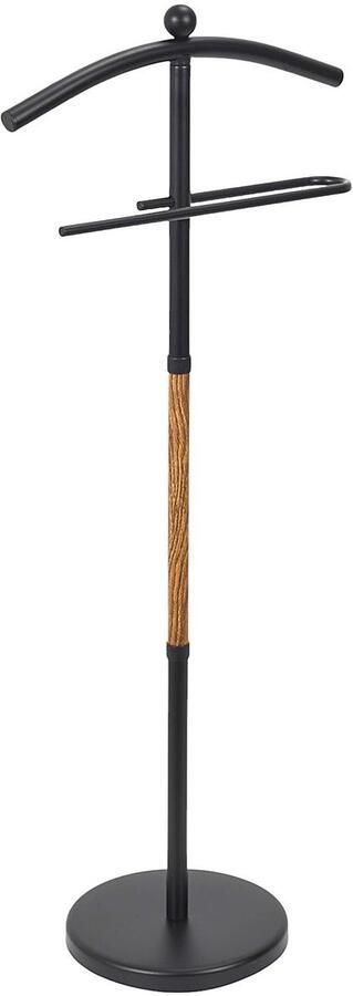 WDMT Kledingstandaard – Valet Stand Heren – Vrijstaand Kledingrek met Broekhouder – Metaal & Hout – Modern Design – Zwart – 110 cm Hoog – Kledinghouder Slaapkamer & Kleedkamer – Mat Zwart