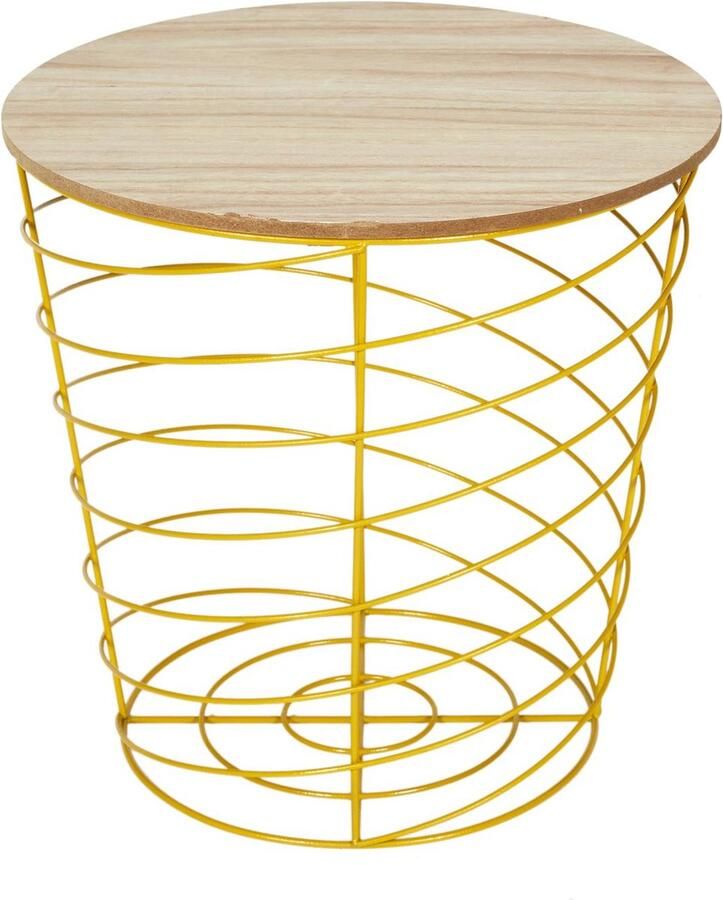WDMT Metalen Draadmand Bijzettafel met Houten Blad ø 40 x 40 5 cm Ronde Opbergtafel Stijlvol Koffietafel Praktische Opbergruimte Salontafel Plantentafel voor binnen Rond Tafel Geel