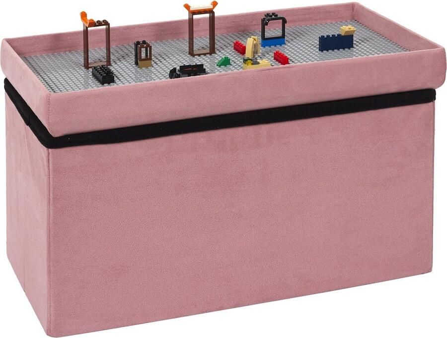 WDMT Multifunctionele Opbergpoef met Bouwplaat – 52 x 27 x 30 cm – Speelgoedkist & Lego Tafel in Eén – Opbergbox voor Blokken & Speelgoed – Kindermeubel – Roze