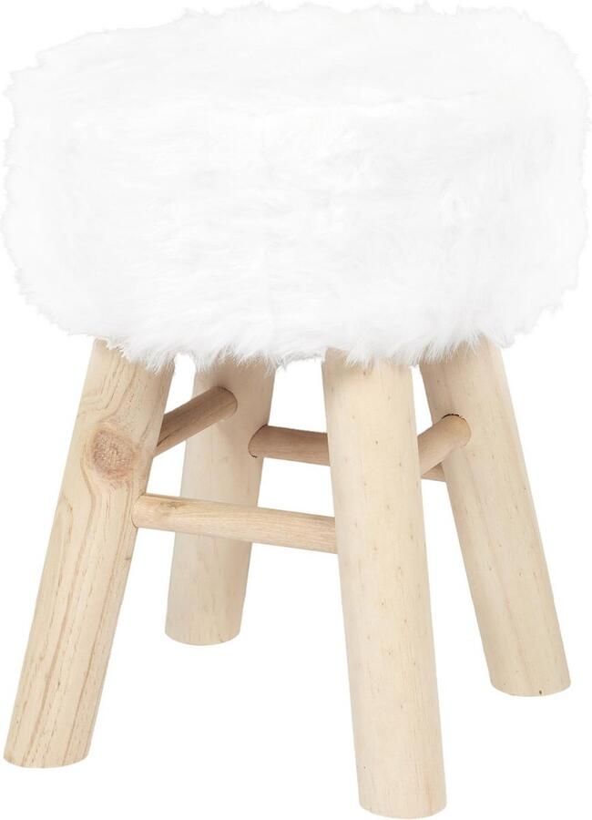 WDMT Pluche Krukje ø28 x 40 cm – Wit Krukje met Kunstbont Zitting & Houten Poten – Decoratieve Poef Zithocker voor Slaapkamer of Woonkamer Houten Kruk Wit