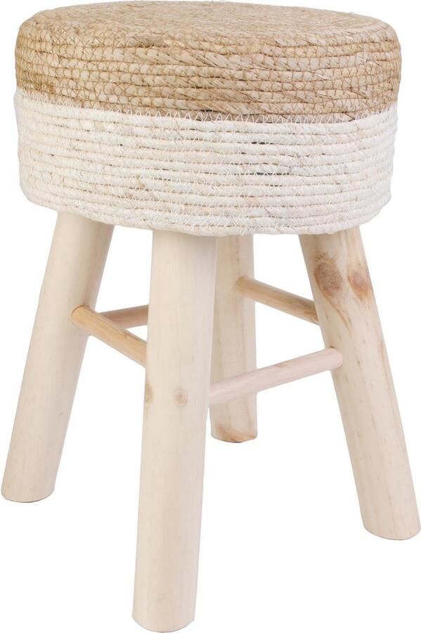 WDMT Ronde Jute Kruk Ø 30 x 42 cm – Houten Kruk Bohemian Krukje met Houten Poten – Multifunctioneel voor Woonkamer Slaapkamer & Hal – Duurzaam Krukje Bruin Wit