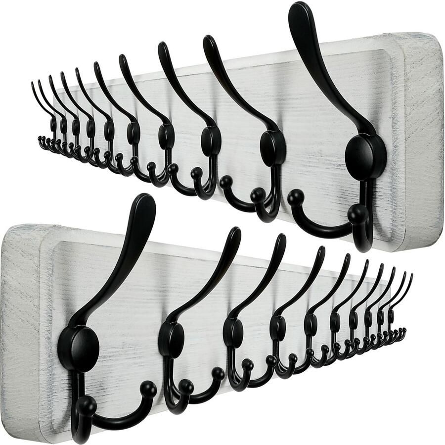 WEBI kapstok 98cm lange jashaken wandkapstok met 10 drievoudige haken jashaken wand kapstokhaak hout jashouder wand voor jassen zwart op wit 2 stuks