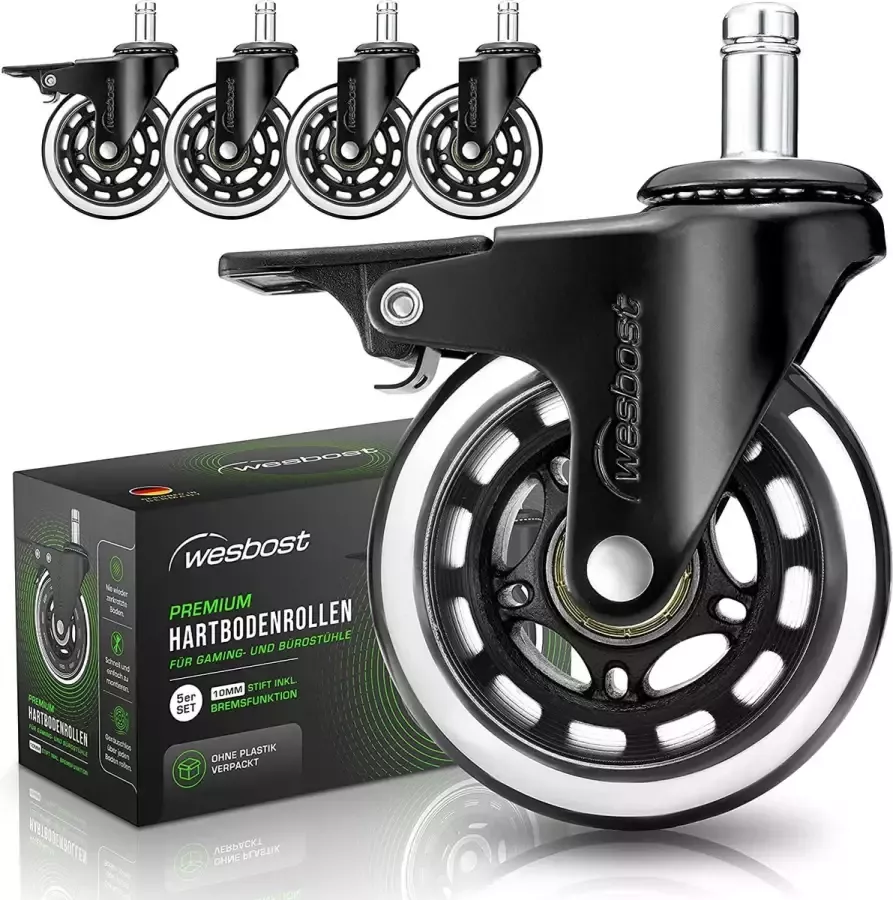 Webost Bureaustoelwielen 10 mm Premium harde vloerwielen voor gaming- en bureaustoelen Stoelwielen met remfunctie Set van 5 rubberen wielen voor bureaustoelen (bijv. Ikea) Silent Swivel Chair Wheels