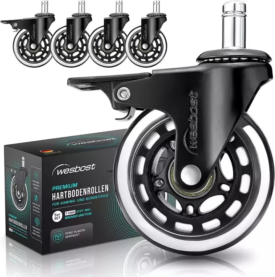 Webost Bureaustoelwielen 11 mm Premium harde vloerwielen voor gaming- en bureaustoelen Stoelwielen met remfunctie Set van 5 rubberen wielen voor bureaustoelen Silent Swivel Chair Wheels - Foto 2
