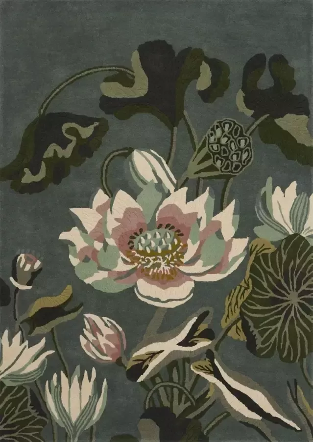 Wedgwood Waterlily Midnight Pond 38608 Vloerkleed 120 x 180 cm Green Rectangular Round Wool Dining room Living room Floral Modern