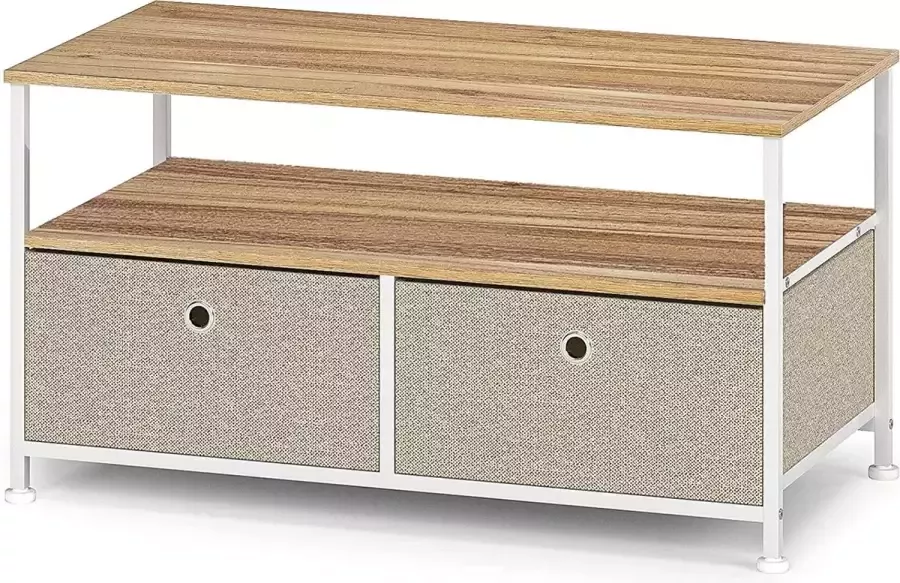 WEEU Opbergsalontafel met 2 stoffen laden en houten plank stalen bank bijzettafel met organizer dozen kleine tv-kast metalen eindtafel voor woonkamer slaapkamer moderne industriële stijl wit & beige