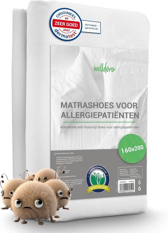 Welldora Premium Anti-Allergie Matrashoes 160x200x20 cm met Rits Getest Encasing Tegen Huisstofmijt Oeko-Tex Gecertificeerd Matras Hoes Wasbaar tot 95°C Voor Allergieën en gevoelige Huid Anti-Mijt Beddengoed voor Matrasbescherming