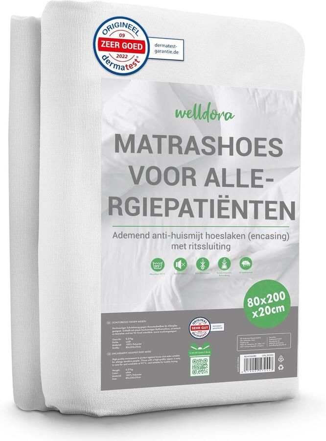 Welldora Premium Anti-Allergie Matrashoes 80x200x20 cm met Rits Getest Encasing Tegen Huisstofmijt Oeko-Tex Gecertificeerd Matras Hoes Wasbaar tot 95°C Voor Allergieën en gevoelige Huid Anti-Mijt Beddengoed voor Matrasbescherming