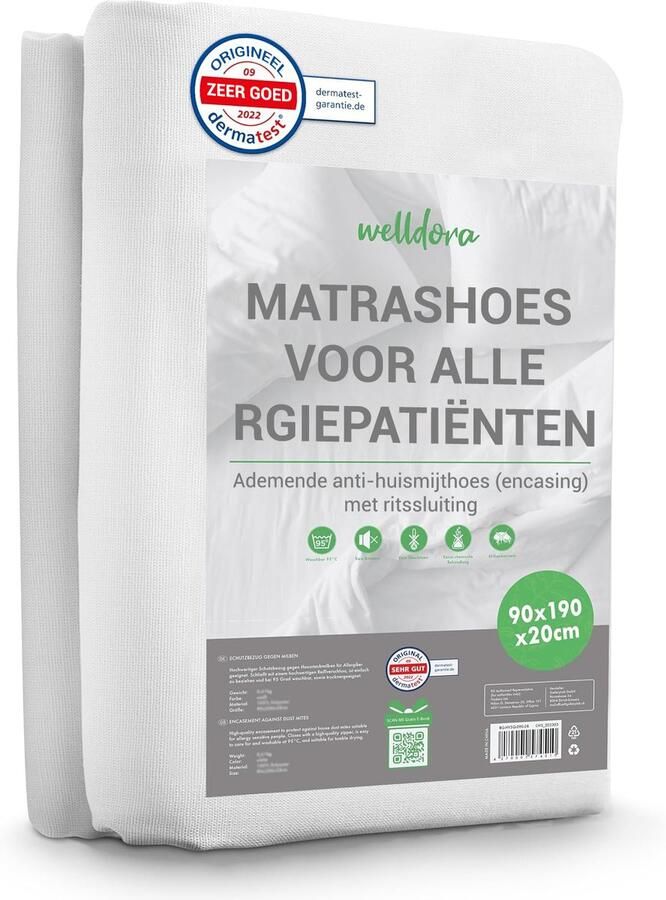 Welldora Premium Anti-Allergie Matrashoes 90x190x20 cm met Rits Getest Encasing Tegen Huisstofmijt Oeko-Tex Gecertificeerd Matras Hoes Wasbaar tot 95°C Voor Allergieën en gevoelige Huid Anti-Mijt Beddengoed voor Matrasbescherming