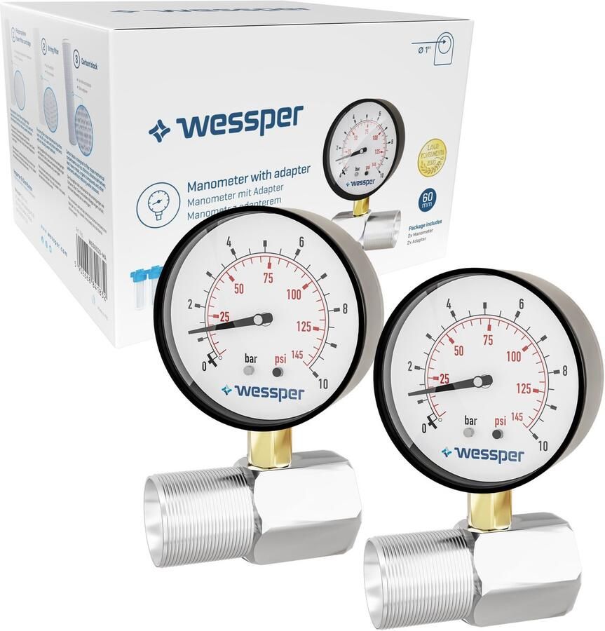 Wessper manometer met adapter dubbel hydraulisch 1 10 bar 0-145 psi manometer voor waterfiltersystemen lagedrukmanometer voor gas en water 2 stuks