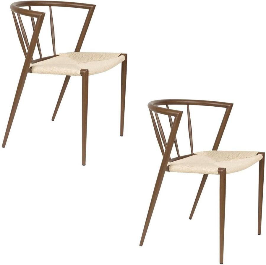 White label living Eetkamerstoel CHE walnut- Set 2 gevlochten zitting metalen poten walnoten