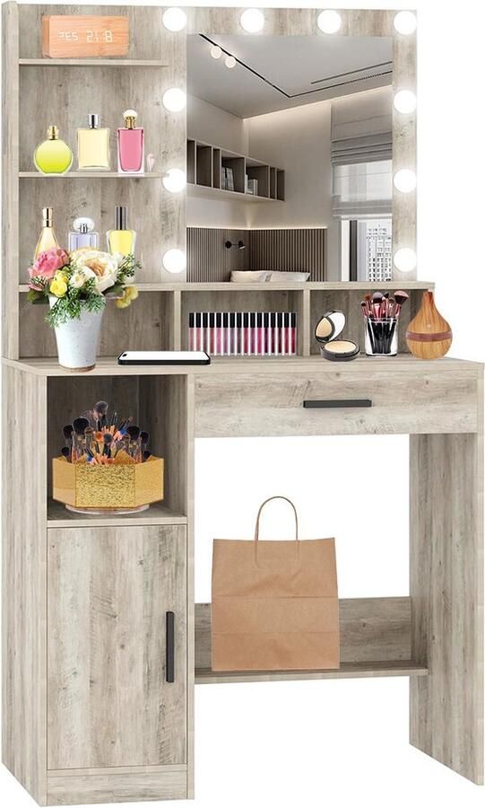 White-Label Make up Tafel Kaptafel met Spiegel en Verlichting Hollywood Spiegel Hout Grijs