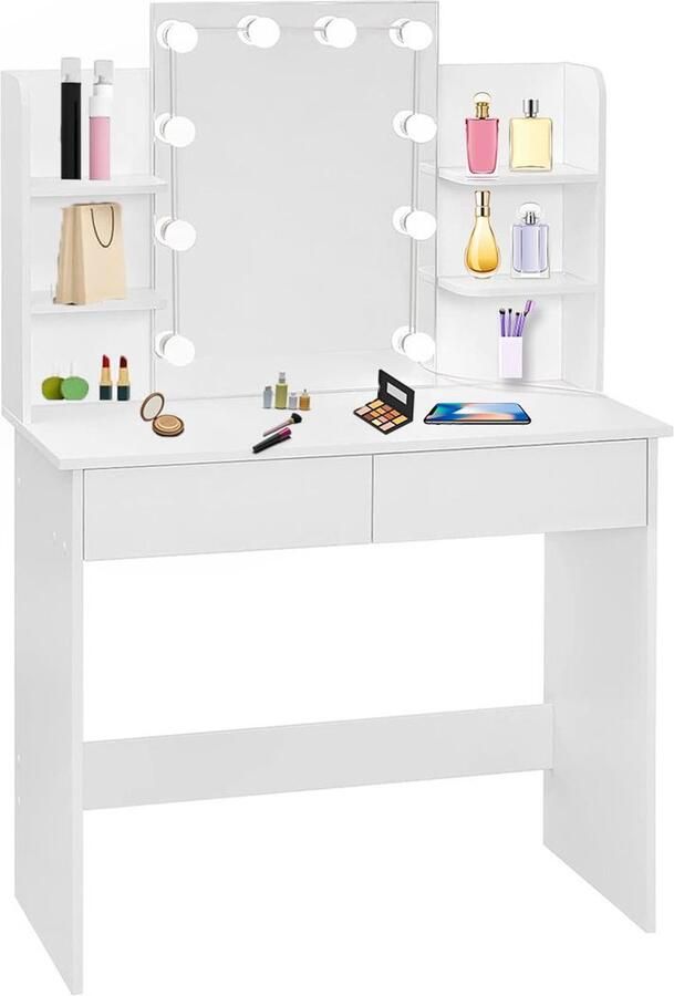 White-Label Make up Tafel Kaptafel met Spiegel en Verlichting Hollywood Spiegel Hout Wit