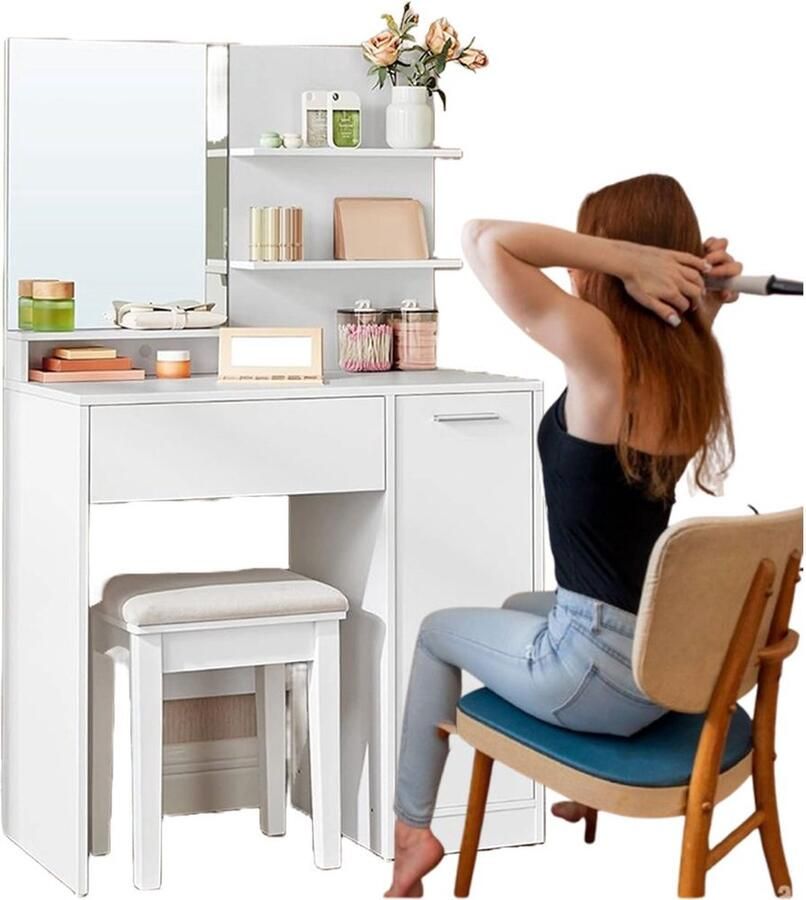 White-Label Make up Tafel Kaptafel met Spiegel Hout Wit