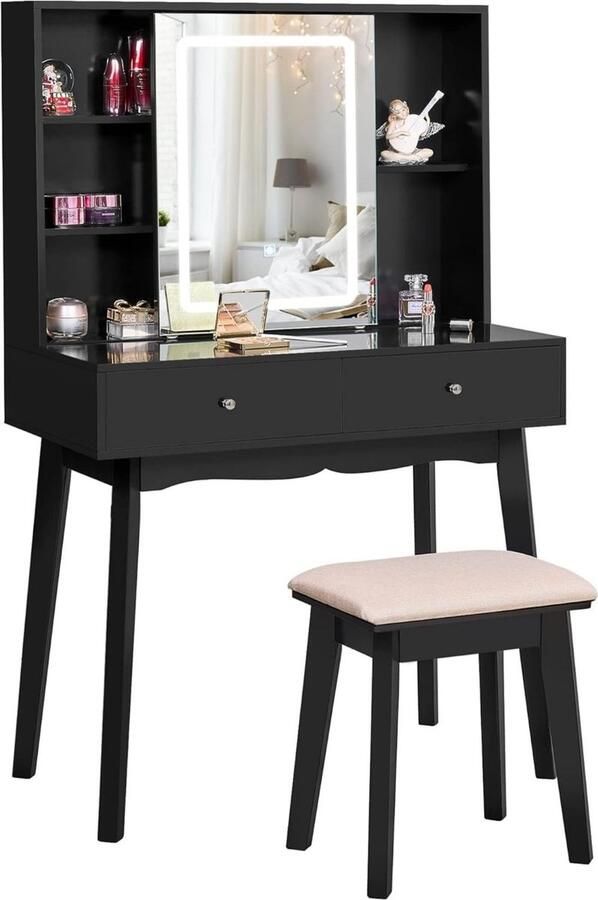 White-Label Make Up Tafel met Spiegel Kaptafel Voor Vrouwen & Meisjes Zwart
