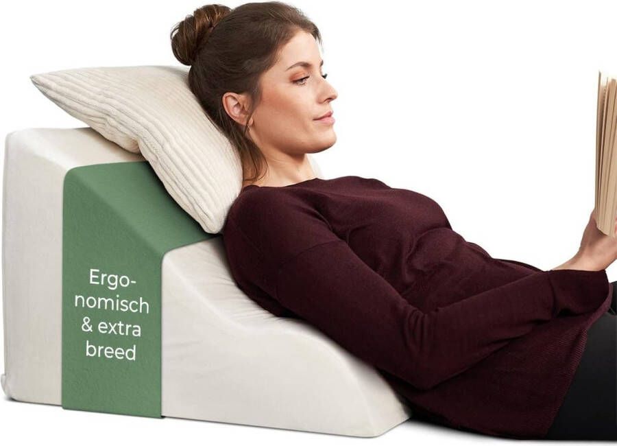 Whoopr Ergonomisch Leeskussen voor Bed en Sofa Comfortabel Rugkussen met Memory Foam Geschikt als Refluxkussen en Wigkussen voor Bed Nekkussen Rugkussen voor Zitten en Liggen Wit 36 x 40 x 55 cm; 1 73 kg