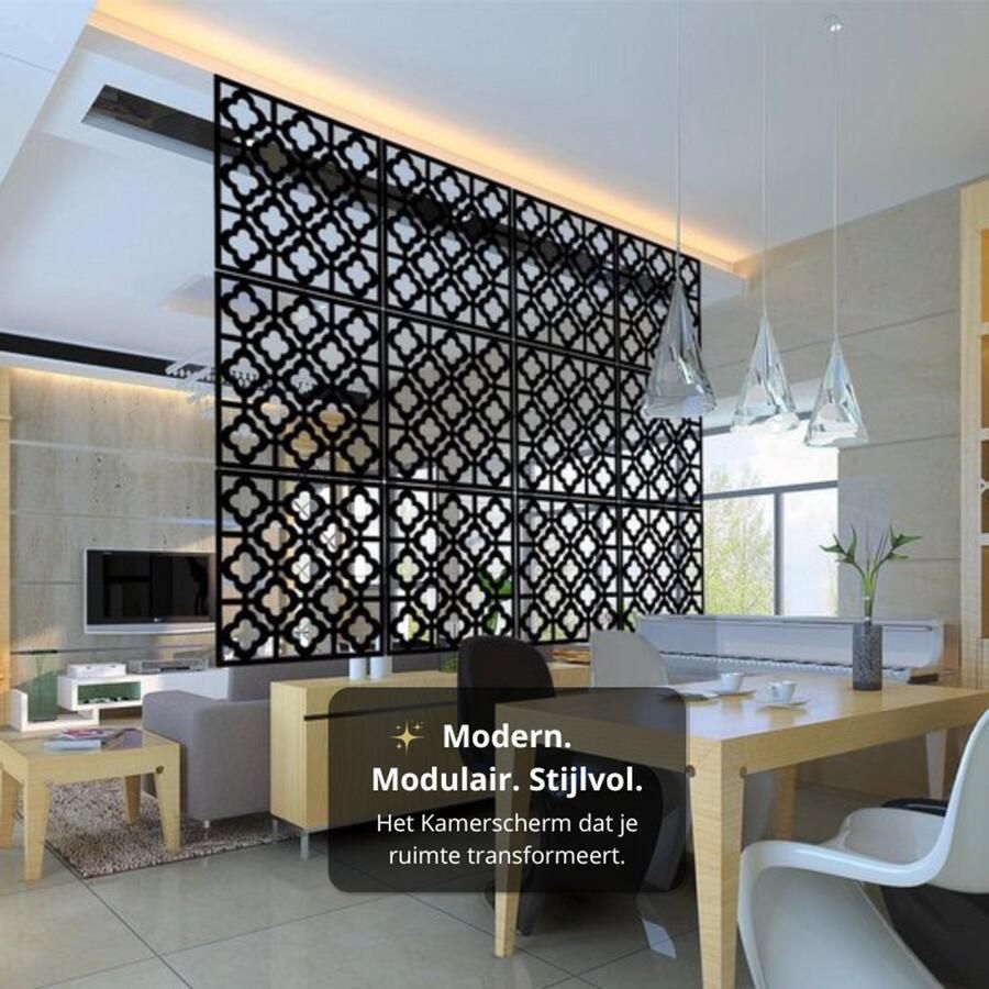 Whoopr 24-delig Kamerscherm Scheidingswand Ruimteverdeler Wandpanelen Decoratie Room Divider Screen Woonkamer Stevig & Flexibel Duurzaam Kunststof 24 stuks Makkelijk Te Monteren 40x40 cm per paneel Zwart
