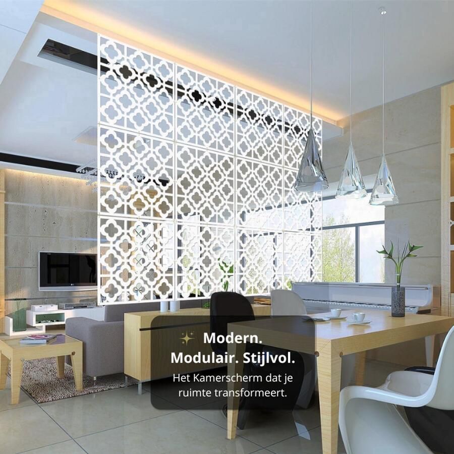 Whoopr 24-delig Kamerscherm Scheidingswand Ruimteverdeler Wandpanelen Decoratie Room Divider Screen Woonkamer Stevig & Flexibel Duurzaam Kunststof 24 stuks Makkelijk Te Monteren 40x40 cm per paneel Dikte: 0.1 cm Wit