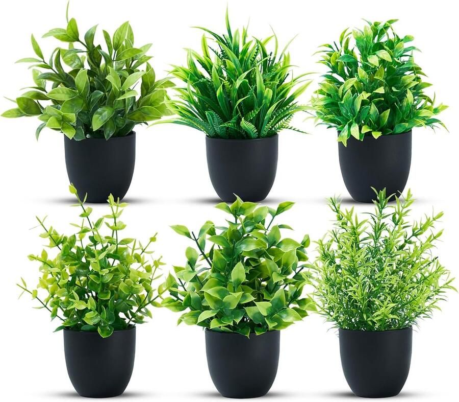 Whoopr 6-delige Set Mini Kunstplanten in Pot – Planten voor Binnen – Tafel Bureau Plank & Badkamer Decoratie Kunstplantjes 6 stuks