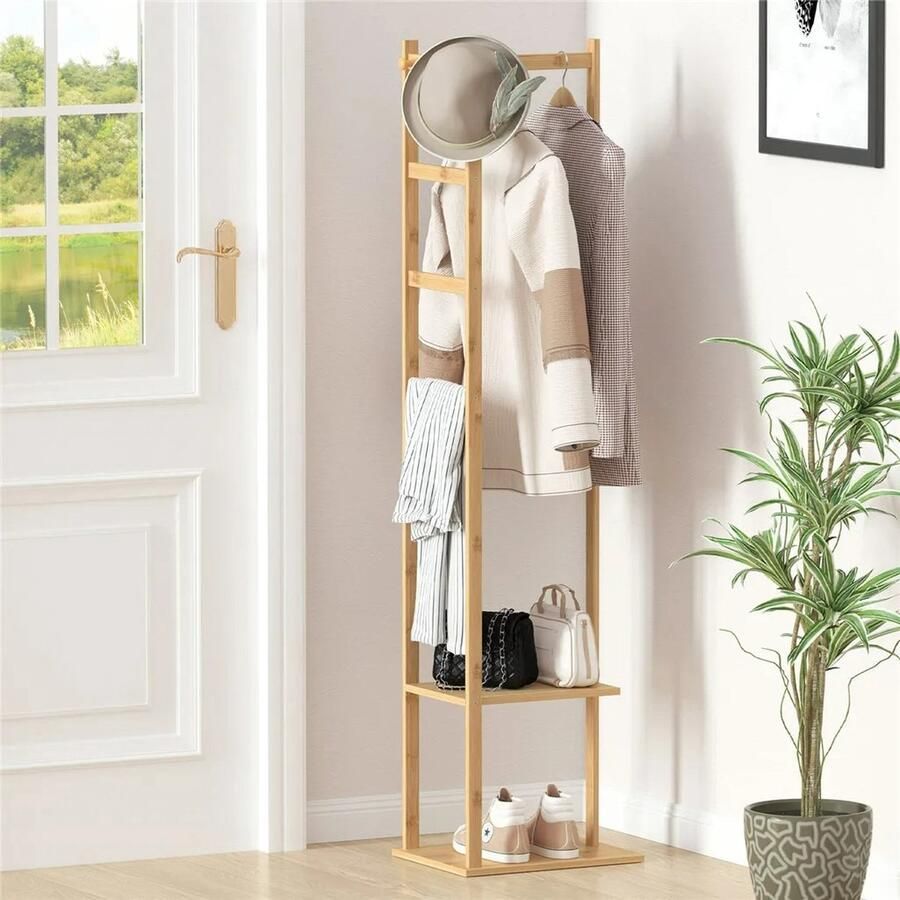 Whoopr Bamboe Kledingrek en Hoedenrek Houten Organizer met Schoenplank en Haken voor Jassen en Accessoires 30 x 38 x 155 cm