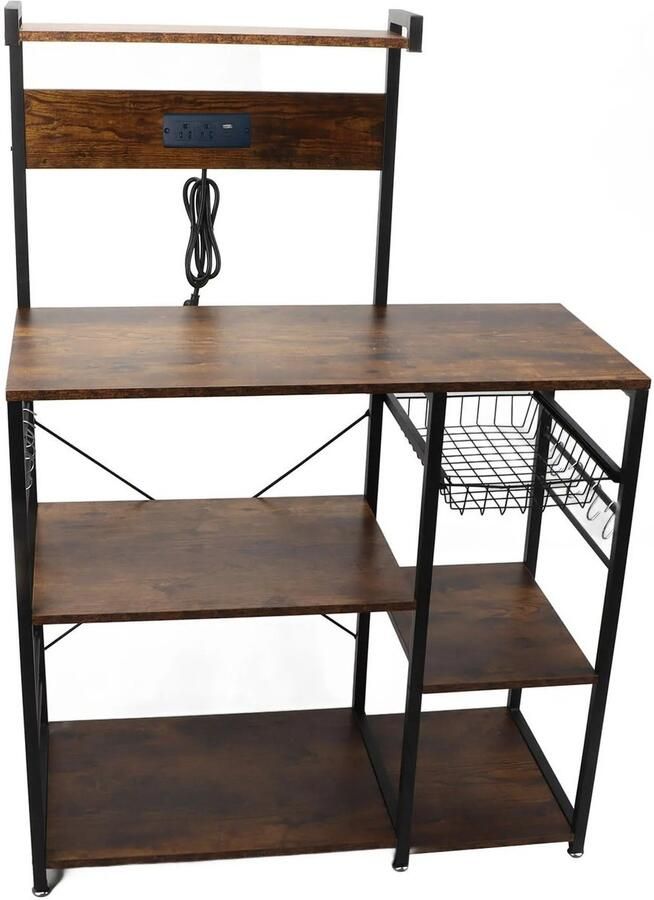 Whoopr Keukenrek – Bakkerskast Industrieel Bakkersrek Hoogwaardig Hout & Staal – Multifunctioneel Opbergrek met Meerdere Lagen – Magnetronrek Koffiebar & Keuken Organizer – 90x40x128 5 cm