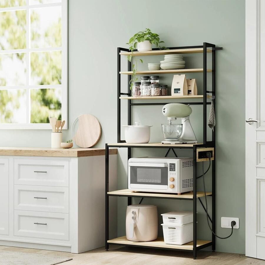 Whoopr Keukenrek met Stopcontact – Stellingkast Bakkerskast – 6 Lagen Staand Rek Opbergrek Keuken – Hout & Metaal – 80x40x167 cm Licht Eiken