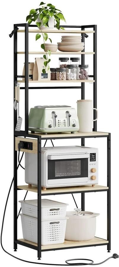 Whoopr Keukenrek met Stopcontact – Stellingkast Bakkerskast – 6 Lagen Staand Rek Opbergrek Keuken – Hout & Metaal – 60x40x167 cm Licht Eiken