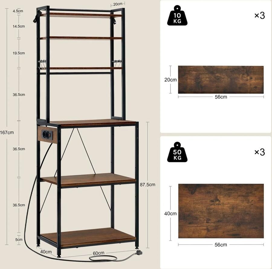 Whoopr Keukenrek met Stopcontact – Stellingkast Bakkerskast – 6 Lagen Staand Rek Opbergrek Keuken – Hout & Metaal – 60x40x167 cm Bruin