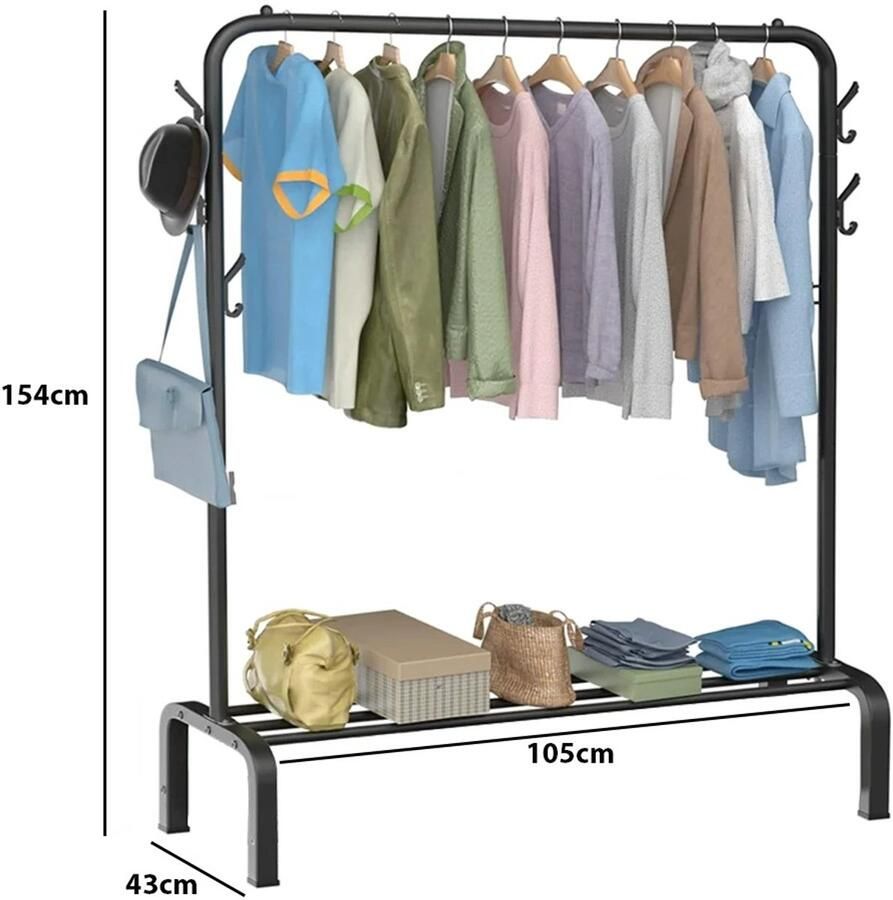 Whoopr Kledingrek & Schoenenrek – 154x43x105 cm – Vloerstaand Garderoberek met Planken en Haken – Organizer voor Kleding Schoenen & Tassen – Slaapkamer Kapstok Zwart