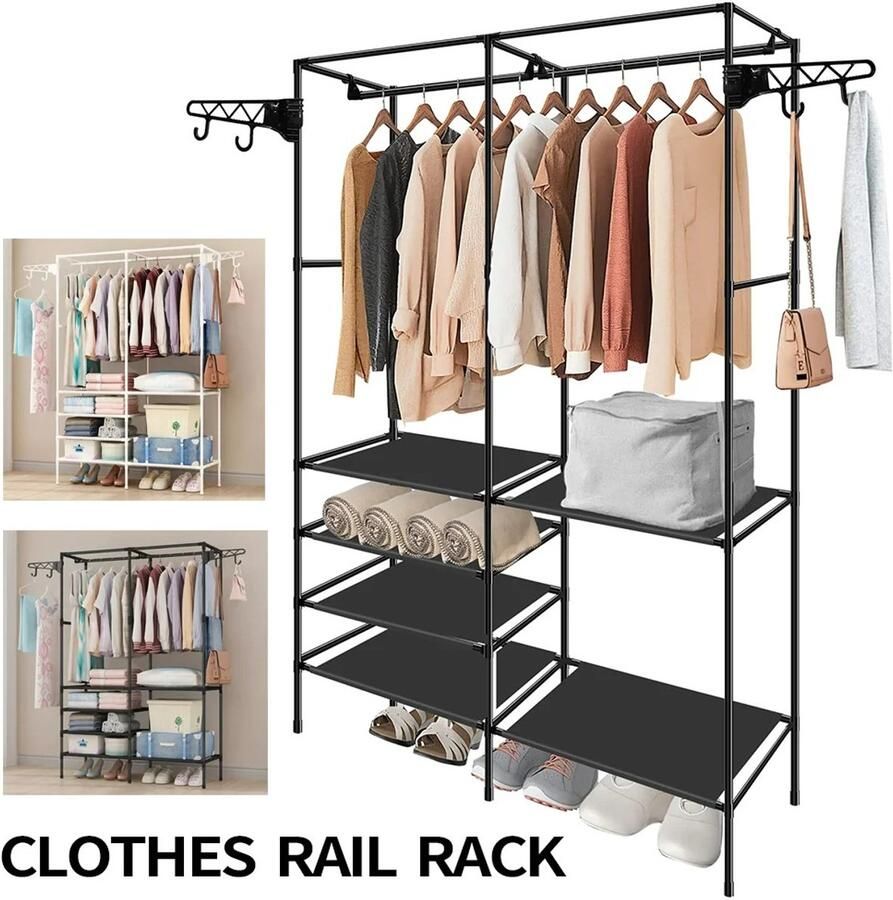 Whoopr Kledingrek met Schoenenrek & Haken – Staand Metaal Garderoberek met Opbergplank – 108x36x170 cm – Groot Draagvermogen Voor Slaapkamer & Woonkamer Zwart