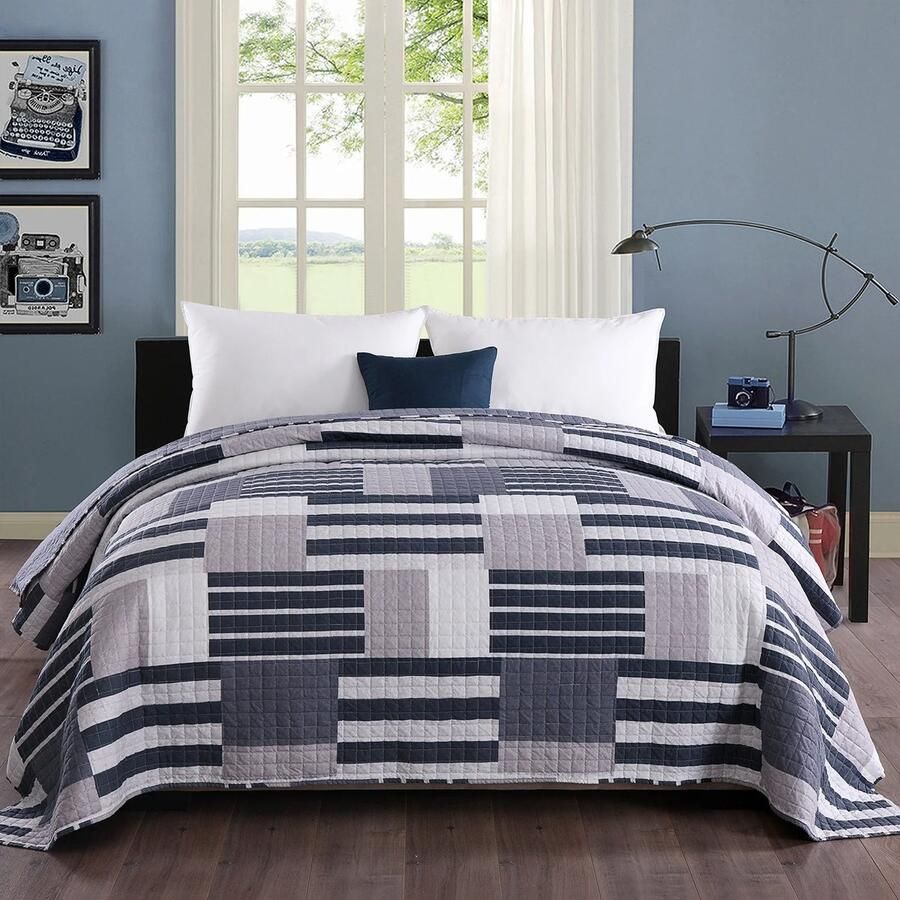 Whoopr Kleurrijke Sprei Quilt Patchwork Omkeerbare Bedsprei Ontwerp Gewatteerde Deken voor Tweepersoonsbed Gevoerde Quilt 220 x 240 cm Blauw Wit